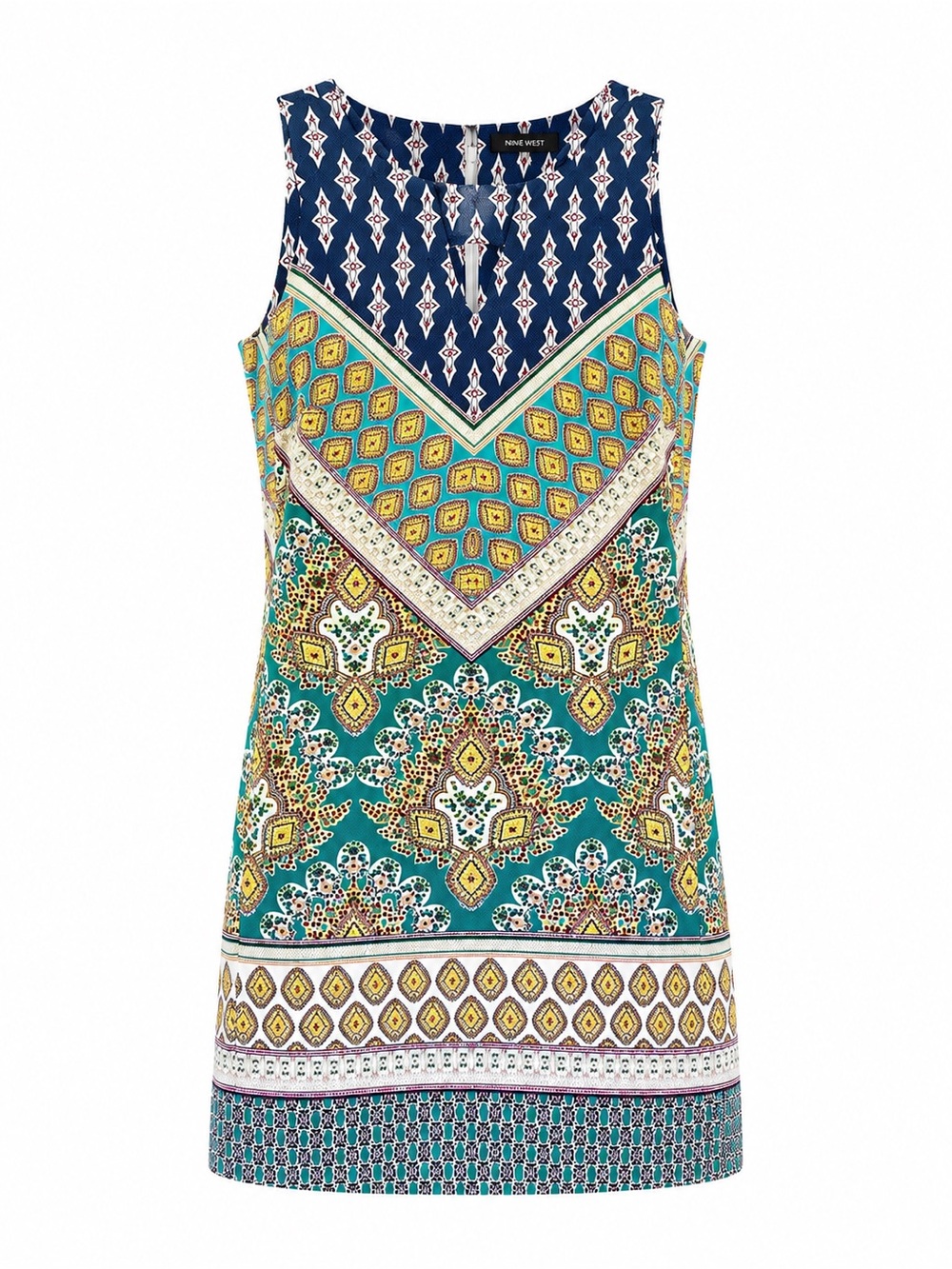 Nine West Sleeveless Shift Dress Size 10 Boho Medallion Print Textured Sheath